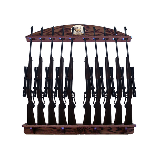 Personalized 10-Gun Solid Oak Gun Rack for Rifles and Shotguns Wall Display