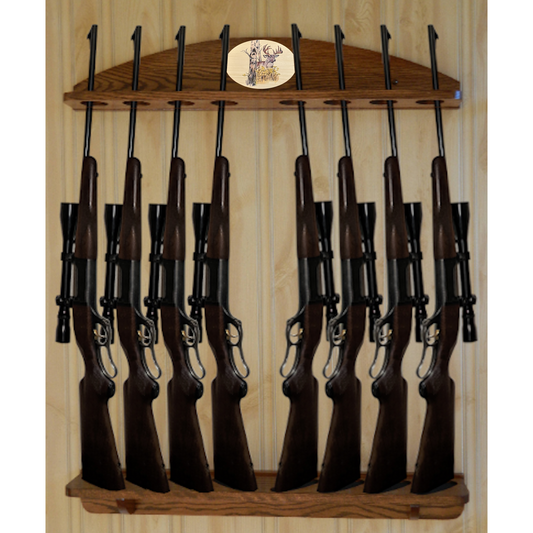 Personalized 8-Gun Solid Oak Wall Display Gun Rack for Rifles and Shotguns