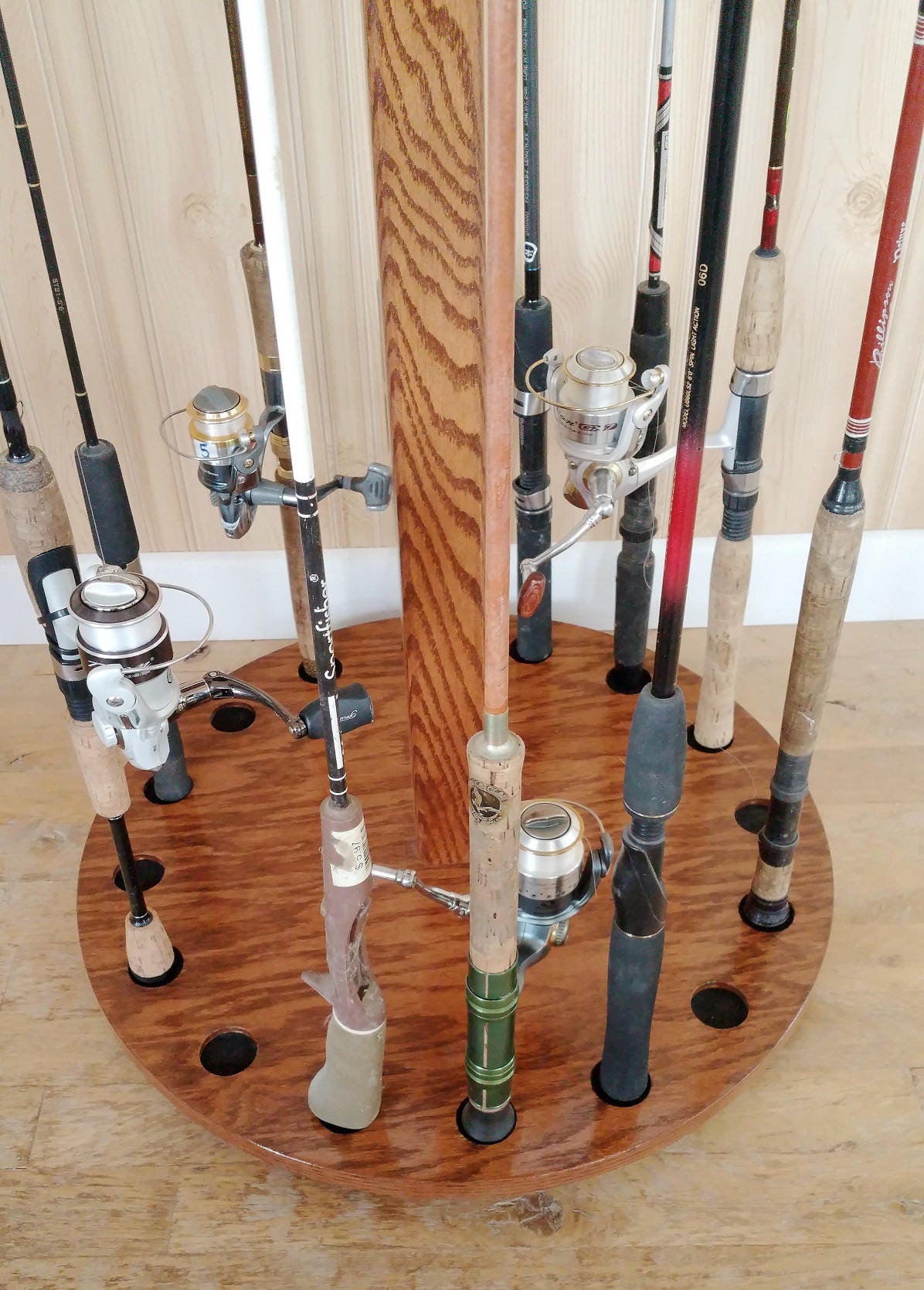 Personalized Rotating Oak Fishing Rod Reel Display Rack 16-Pole