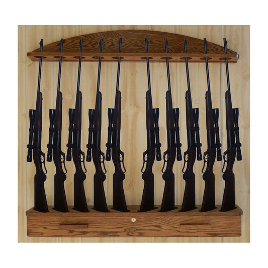 Gun Rack with Ammo Cabinet 10-gun Solid Oak Vertical Wall Display