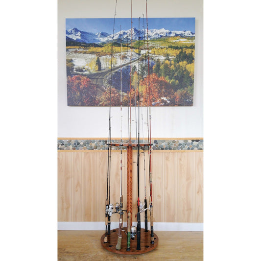 16-Pole Oak Rotating Fishing Rod Reel Display 16 Place Wood Rack