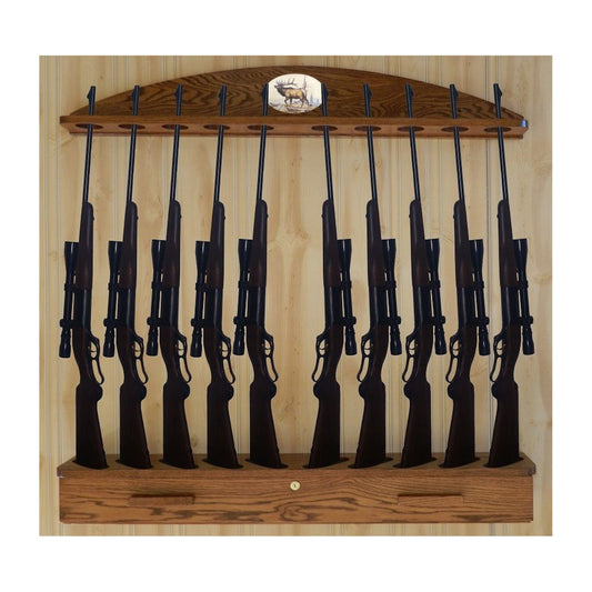 Personalized Gun Rack with Ammo Cabinet 10-gun Solid Oak Vertical Wall Display