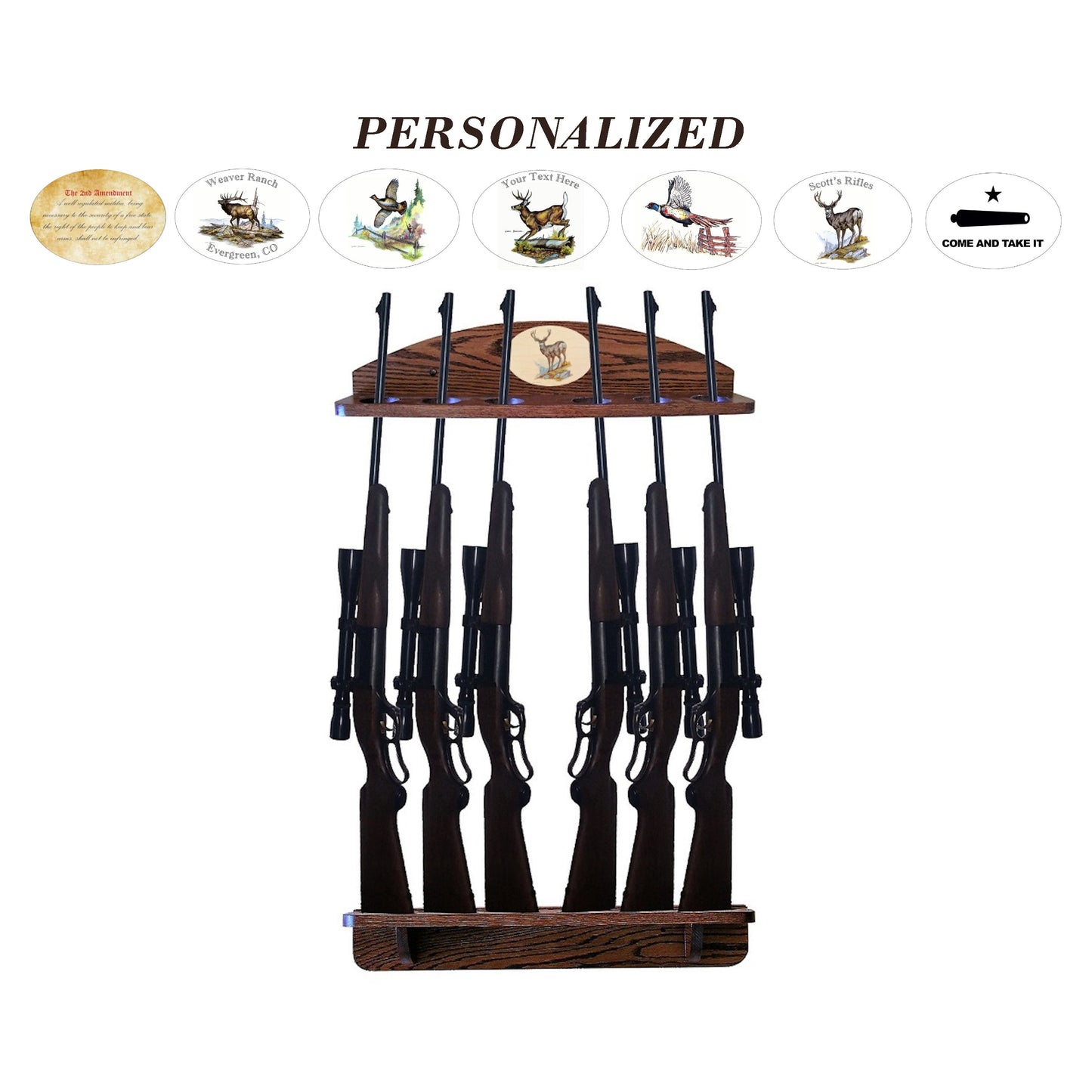Personalized 6-Gun Solid Oak Gun Rack for Rifles and Shotguns Wall Display