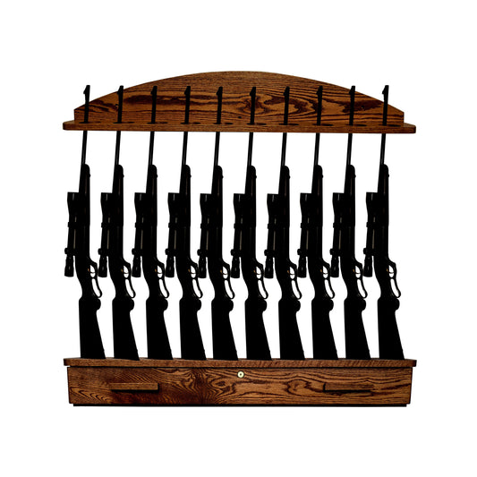 Gun Rack with Ammo Cabinet 10-gun Solid Oak Vertical Wall Display Same Direction with Lock