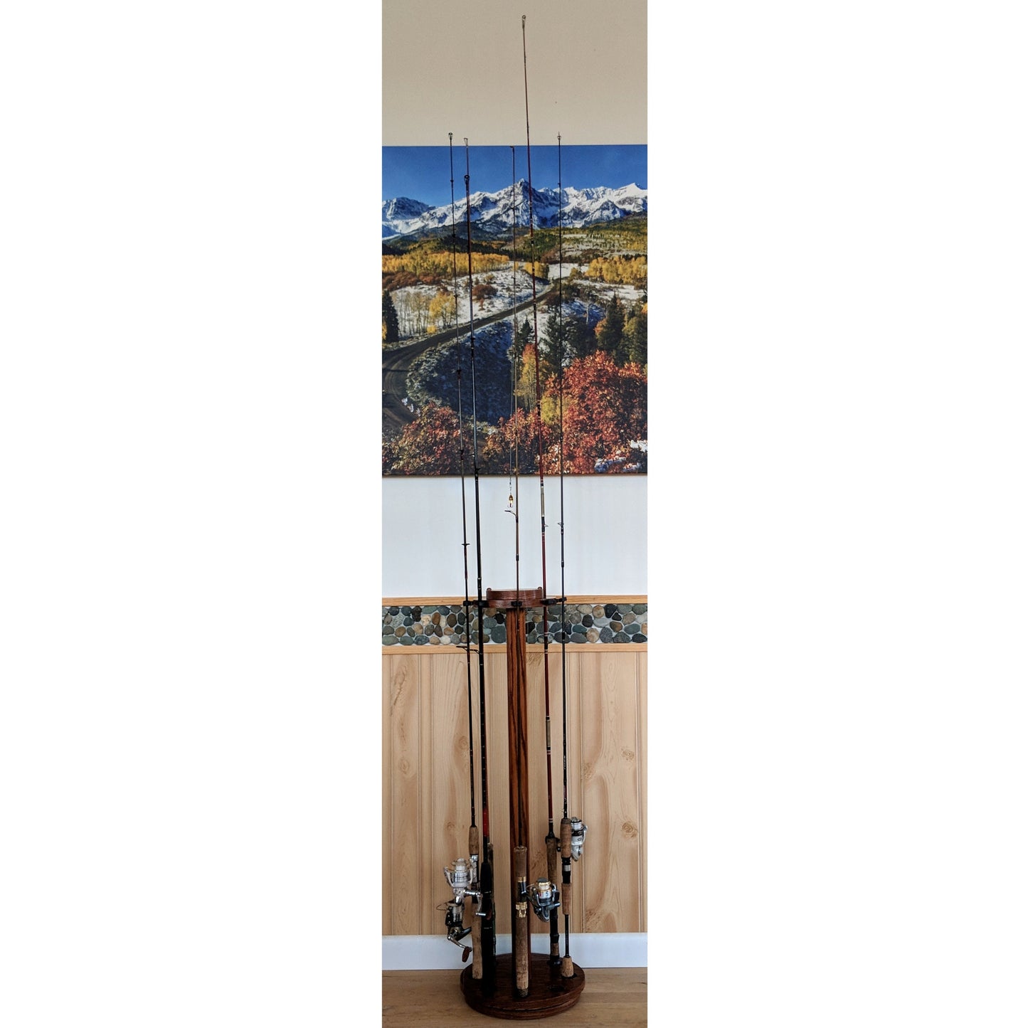 Personalized 8-Pole Oak Rotating Fishing Pole Display Rack